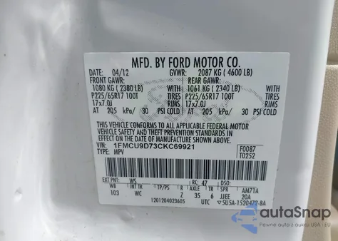 2012 Ford Escape Xlt из США, поврежденный, VIN 1FMCU9D73CKC69921